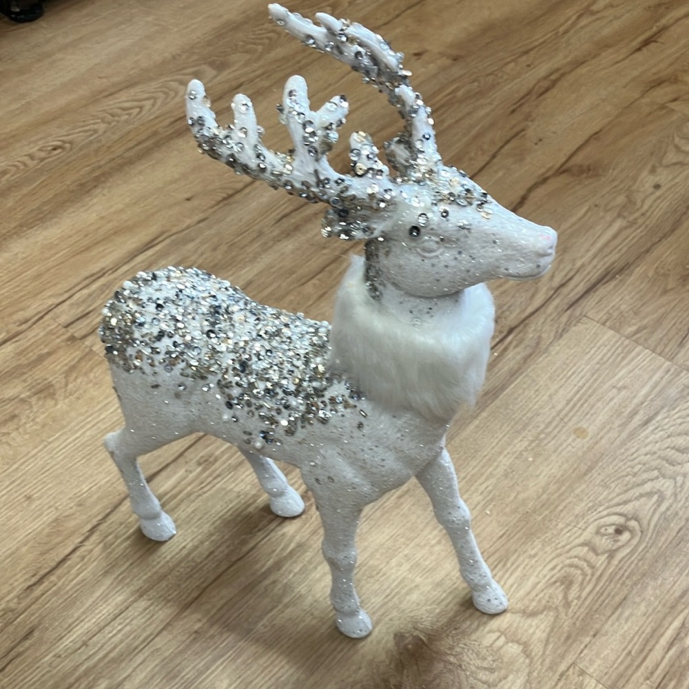 Christmas white fur & sequin standing deer  decoration